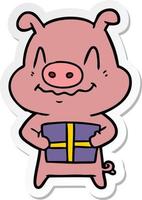 Aufkleber eines nervösen Cartoon-Schweins mit Geschenk vektor