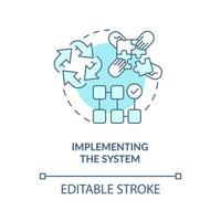 implementera system turkos koncept ikon. informationssystem utvecklingsstadiet abstrakt idé tunn linje illustration. isolerade konturritning. redigerbar linje. vektor