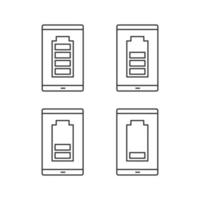 smartphone batteriladdning linjära ikoner set. mobiltelefon batterinivåindikator. mellan-, låg- och högladdning. tunn linje kontursymboler. isolerade vektor kontur illustrationer. redigerbar linje