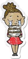 Distressed Sticker einer weinenden Cartoon-Frau mit einem Stapel Bücher vektor