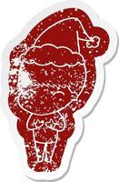 Happy Cartoon Distressed Sticker eines Jungen mit Weihnachtsmütze vektor