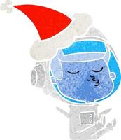 Retro-Karikatur eines selbstbewussten Astronauten mit Weihnachtsmütze vektor