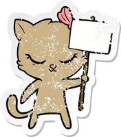 Distressed Aufkleber einer niedlichen Cartoon-Katze mit Schild vektor