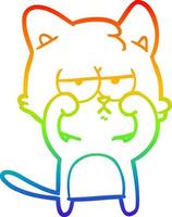 Regenbogen-Gradientenlinie, die müde Cartoon-Katze zeichnet, die die Augen reibt vektor