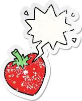 tecknad jordgubbe och pratbubbla nödställda klistermärke vektor