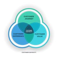 kundcentrerad venn-diagram har kundresa, kundupplevelse och kundvärde för organisationen att förstå kundsituationer, uppfattning och förväntningar. infografisk presentation. vektor
