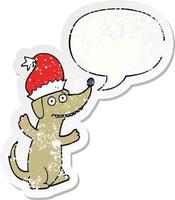 niedlicher weihnachtskarikaturhund und beunruhigter aufkleber der spracheblase vektor