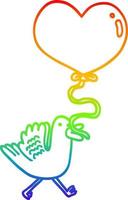Regenbogen-Gradientenlinie Zeichnung Cartoon-Vogel mit Herzballon vektor