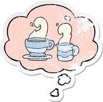 Cartoon-Tasse Kaffee und Gedankenblase als beunruhigter, abgenutzter Aufkleber vektor