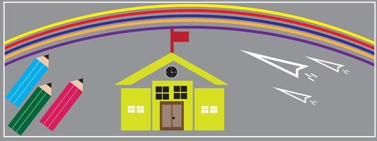 zurück schulhintergrund mit regenbogen im himmel. für vorlage für werbeplakat, ihr text, bereit für ihre nachricht. bunter regenbogen mit schule in der sonnigen tagvektorillustration. vektor