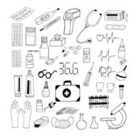 medicinsk set handritad doodle. , skandinavisk, nordisk, minimalism, monokrom uppsättning ikon medicin hälsobehandling vektor
