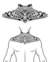 Tätowierungsmuster im Maori-Stammesstil, passend für Hals, Rücken, Brust. mit Beispiel am Körper. für Tattoo-Studio-Katalog. vektor