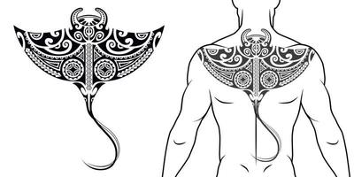 Tattoo-Muster im Maori-Stammesstil mit Mantarochen, passend für Rücken, Brust. mit Beispiel am Körper. für Tattoo-Studio-Katalog. vektor