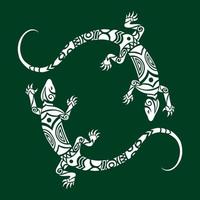 Eidechsen Illustration im Maori-Stil. rundes Emblem oder Logo. weiß und grün vektor