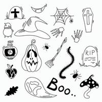 eine Reihe von Doodle-Elementen für Halloween. eine Reihe von Objekten auf weißem Hintergrund. vektor