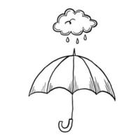 Regenschirm unter Regenwolken-Doodle-Vektorillustration vektor