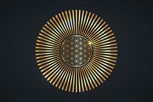 livets blomma, guld andlig mandala, helig geometri. ljusa gyllene strålande strålar symbol för harmoni och balans. mystisk talisman, lyxig rund vektor isolerad på svart bakgrund