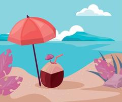 strand med paraply och kokosnöt vektor
