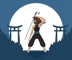 ninja krigare med svärd natt vektor