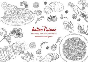 Draufsichtrahmen der italienischen Küche. graviertes Bild. vektor