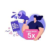 cashback-kampanjikon platt illustration för rabatt få kuponger, belöningsprogram färg blå, rosa, perfekt för ui ux-design, e-handel, varumärkesshopping, reklam, marknadsplats vektor