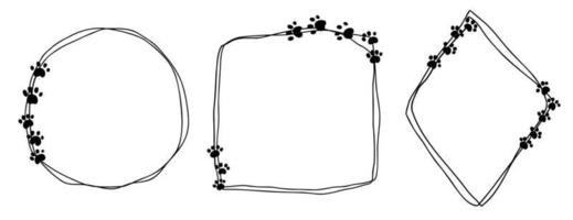 niedliche abstrakte gekritzel isolierte rahmen, set hand gezeichnet. kreis, quadrat, rautenlinien mit pfoten für die haustiersammlung. vektor