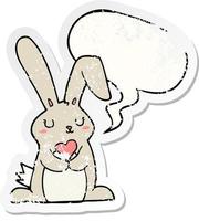 Cartoon-Kaninchen in Liebe und Sprechblase beunruhigter Aufkleber vektor