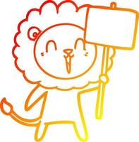 warme Gradientenlinie Zeichnung lachender Löwenkarikatur mit Plakat vektor