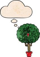 glücklicher baum der karikatur und gedankenblase im schmutzbeschaffenheitsmusterstil vektor