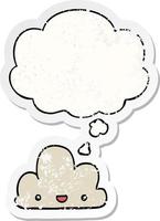 tecknad lilla glada moln och tankebubbla som en nödställd sliten klistermärke vektor