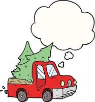 karikatur-pickup-truck mit bäumen und gedankenblase vektor