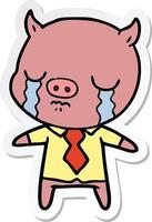 Aufkleber eines weinenden Cartoonschweins mit Hemd und Krawatte vektor