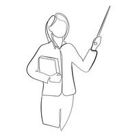 kvinnlig lärare med en pekare i handen och en bok linjeteckning, vektorillustration. minimal konstteckning av en kvinnlig lärare eller affärskvinna i en jacka kontinuerlig linjedesign vektor