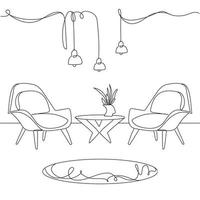linjeteckning av två moderna fåtöljer och soffbord med vas med blommor.modern minimal inredning.hängande loftlampor.skandinaviska stilrena möbler i enkel linjär stil.vektor vektor