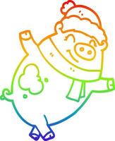 Regenbogen-Gradientenlinie Zeichnung Cartoon-Schwein mit Weihnachtsmütze vektor