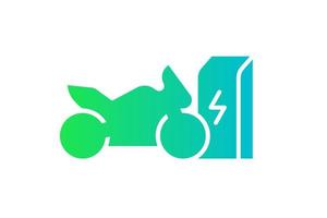 elektrisches sportbike, das in der ladestation auflädt. Symbol für die Energieladung des elektrischen Motorrads mit grünem Farbverlauf. Umweltfreundliches Elektro-Motorrad-Aufladeschild. Vektor batteriebetriebener EV-Transport