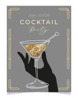 kontur illustration av kvinnans hand som håller cocktailglas, vektor. inbjudan för part mall. line art martini glas. art deco konceptdesign. händelse, fest, presentation, marknadsföring, meny. vektor