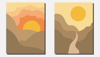 solnedgångsutsikt och kala berg för väggdekoration vektor
