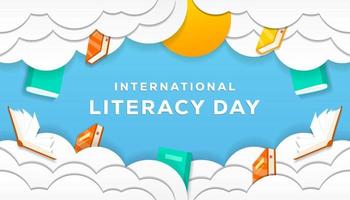 internationell läskunnighet dag bakgrund med prydnad moln, böcker, sol i klippt papper stil vektor