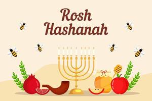 rosh hashanah hintergrundillustration mit früchten, honig und bienen vektor