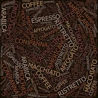 Musterarten von Kaffee, Espresso, Cappuccino, Macchiato, Wortwolken-Tag-Cloud-Textkonzept. vektor