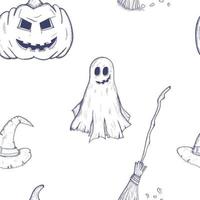 halloween nahtloser hintergrund mit geist, besen und kürbis vektor