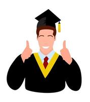 Graduiertenjungenfigur, Vektorstudent in schwarzer Robe und Mütze, Hochschulbildungskonzept, Abschlusszeremonieabnutzung, fröhliche glückliche Person isoliert auf weißem Hintergrund. vektor