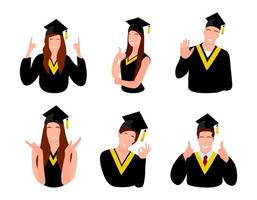 Graduiertenjungenfigur, Vektorstudent in schwarzer Robe und Mütze, Hochschulbildungskonzept, Abschlusszeremonieabnutzung, fröhliche glückliche Person isoliert auf weißem Hintergrund. vektor