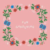 växter, löv, fjärilar och blommor färgglad dekorativ ram i söt handritad stil. illustration kant för printkort eller inbjudan vektor