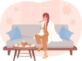 kvinna med influensa sitter på soffan 2d vektor isolerad illustration. farligt virus. infektion platt karaktär på tecknad bakgrund. kall färgglad redigerbar scen för mobil, hemsida, presentation