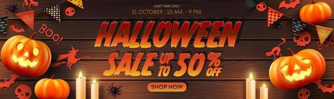 vektor av halloween rea promotion affisch eller banner med halloween pumpa, spöke, levande ljus, buntings och halloween elements.website spöklik, bakgrund eller banner halloween mall.