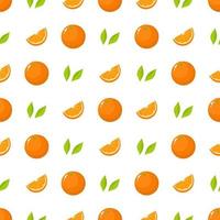 seamless mönster med färska hela, skär skiva av orange frukt och gröna blad på vit bakgrund. mandarin. ekologisk frukt. vektorillustration för design, webb, omslagspapper, tyg, tapeter. vektor
