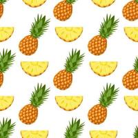 Nahtloses Muster mit frischen ganzen und geschnittenen Scheiben Ananasfrucht mit Blättern auf weißem Hintergrund. sommerfrüchte für einen gesunden lebensstil. Bio-Obst. Cartoon-Stil. Vektorillustration für jedes Design. vektor