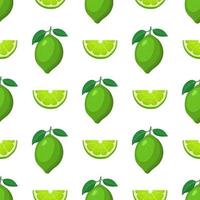 seamless mönster med färska ljusa exotiska hela och skära skiva lime frukt på vit bakgrund. sommarfrukter för en hälsosam livsstil. ekologisk frukt. tecknad stil. vektor illustration för någon design.